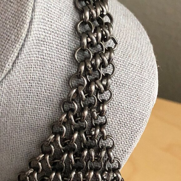 Maximalist Gunmetal & Bronze Chainmail Style Fringe Bib Statement Necklace - Picture 4 of 6